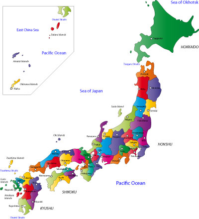 Japan prefectures and capital cities map